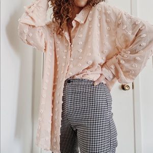 Blush pink button down top with textured polka dots 💗